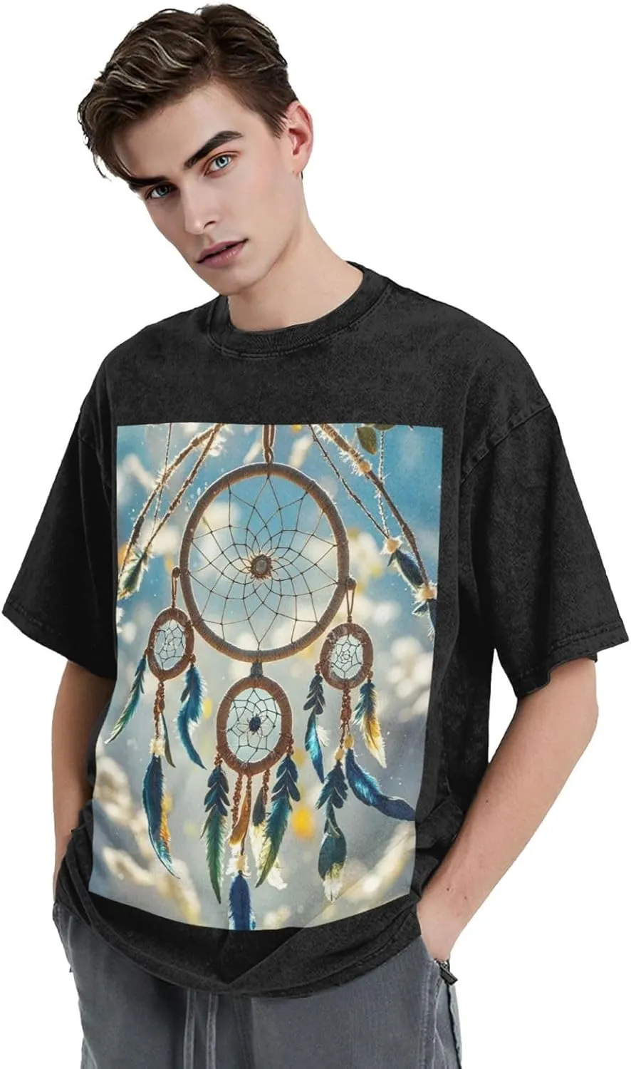 Men's Cotton T-Shirts Native American Dream Catcher Short Sleeve Vintage T Shirts Casual Loose Fit Retro Tees Tops