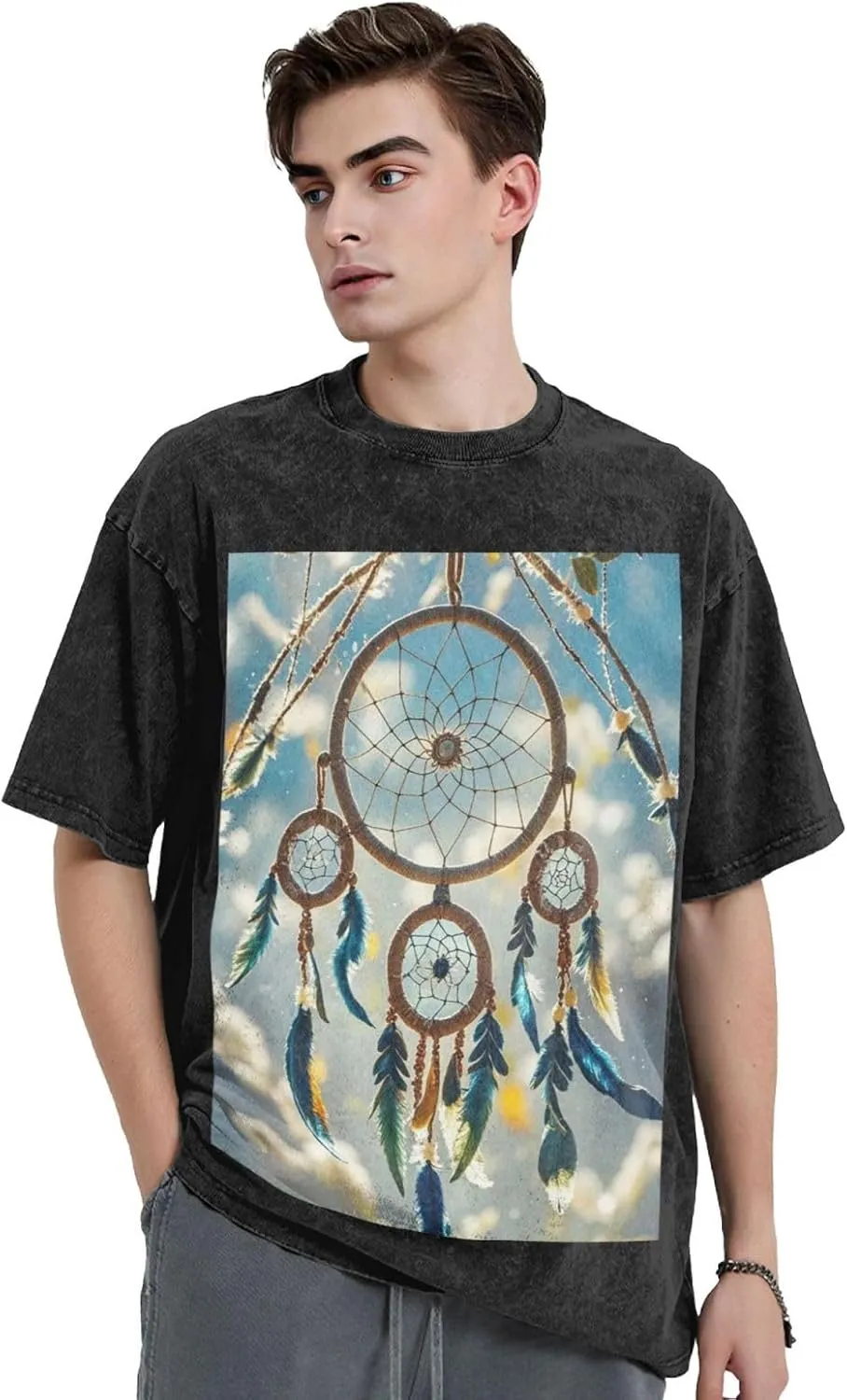 Men's Cotton T-Shirts Native American Dream Catcher Short Sleeve Vintage T Shirts Casual Loose Fit Retro Tees Tops