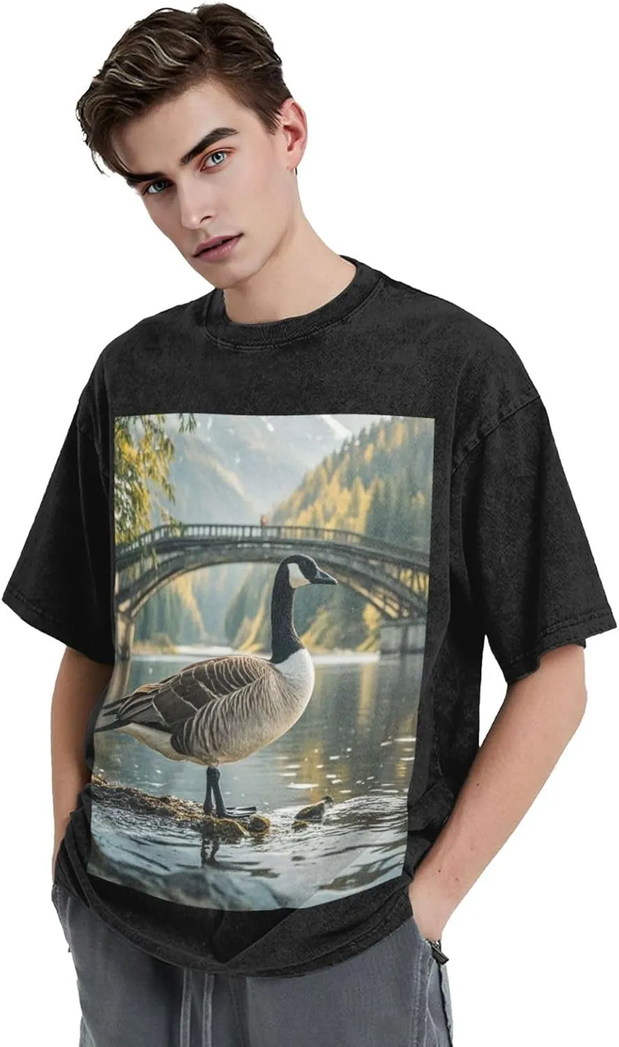 Men's Cotton T-Shirts Wild Goose by The Bridge Short Sleeve Vintage T Shirts Casual Loose Fit Retro Tees Tops
