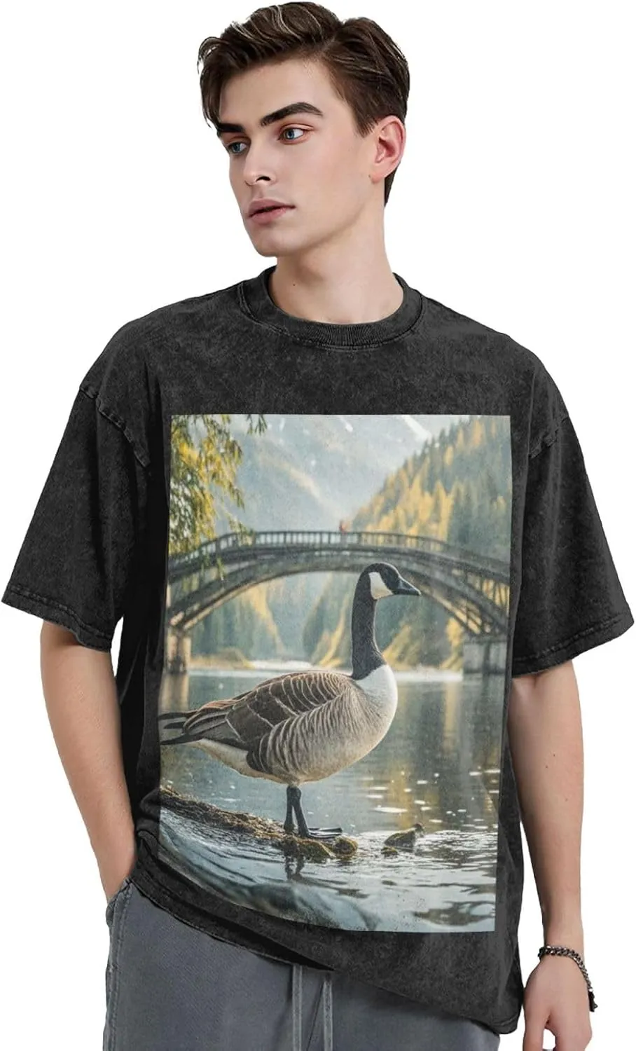 Men's Cotton T-Shirts Wild Goose by The Bridge Short Sleeve Vintage T Shirts Casual Loose Fit Retro Tees Tops