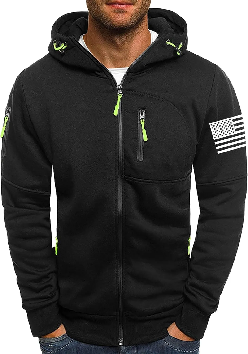 Mens Fleece Hoodies Full Zip Graphic Print Long Sleeve Sweatshirts Sports Casual Hooded Jackets with Zip Pockets