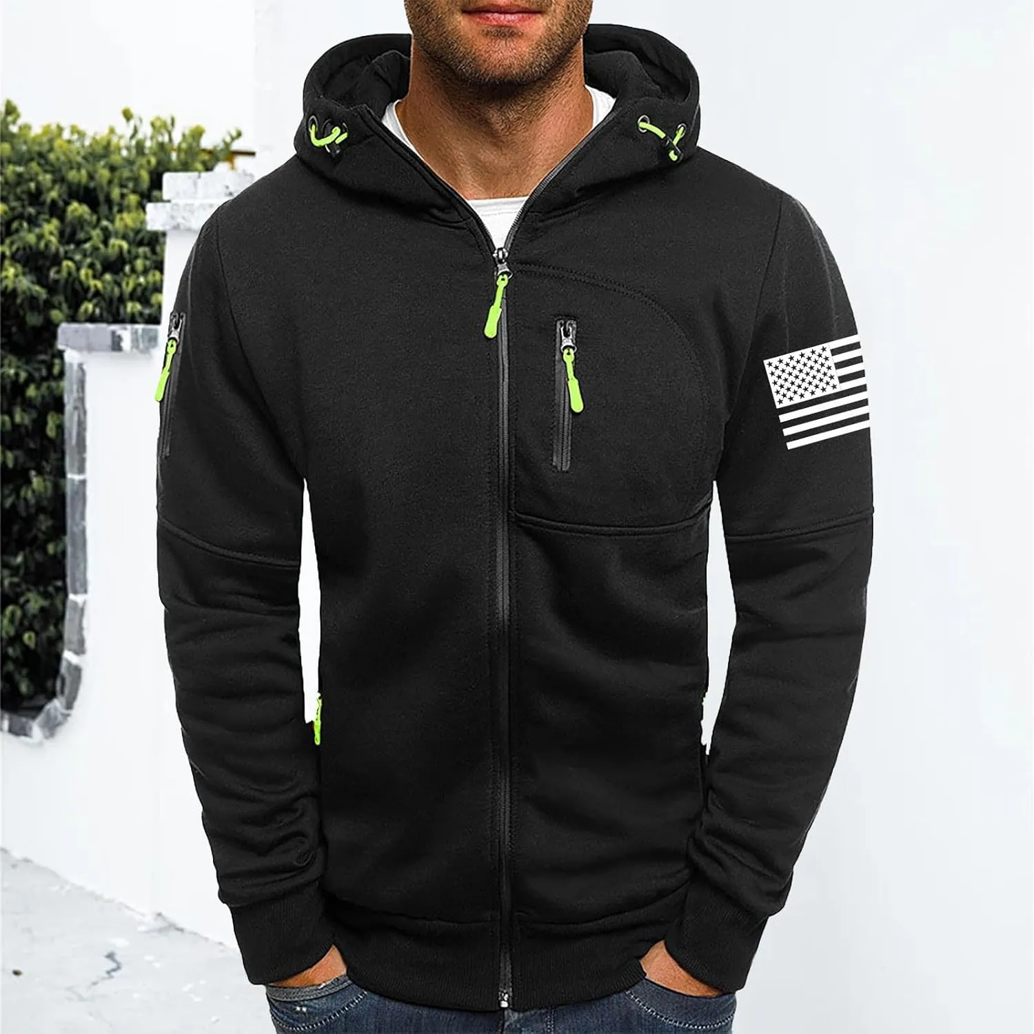 Mens Fleece Hoodies Full Zip Graphic Print Long Sleeve Sweatshirts Sports Casual Hooded Jackets with Zip Pockets