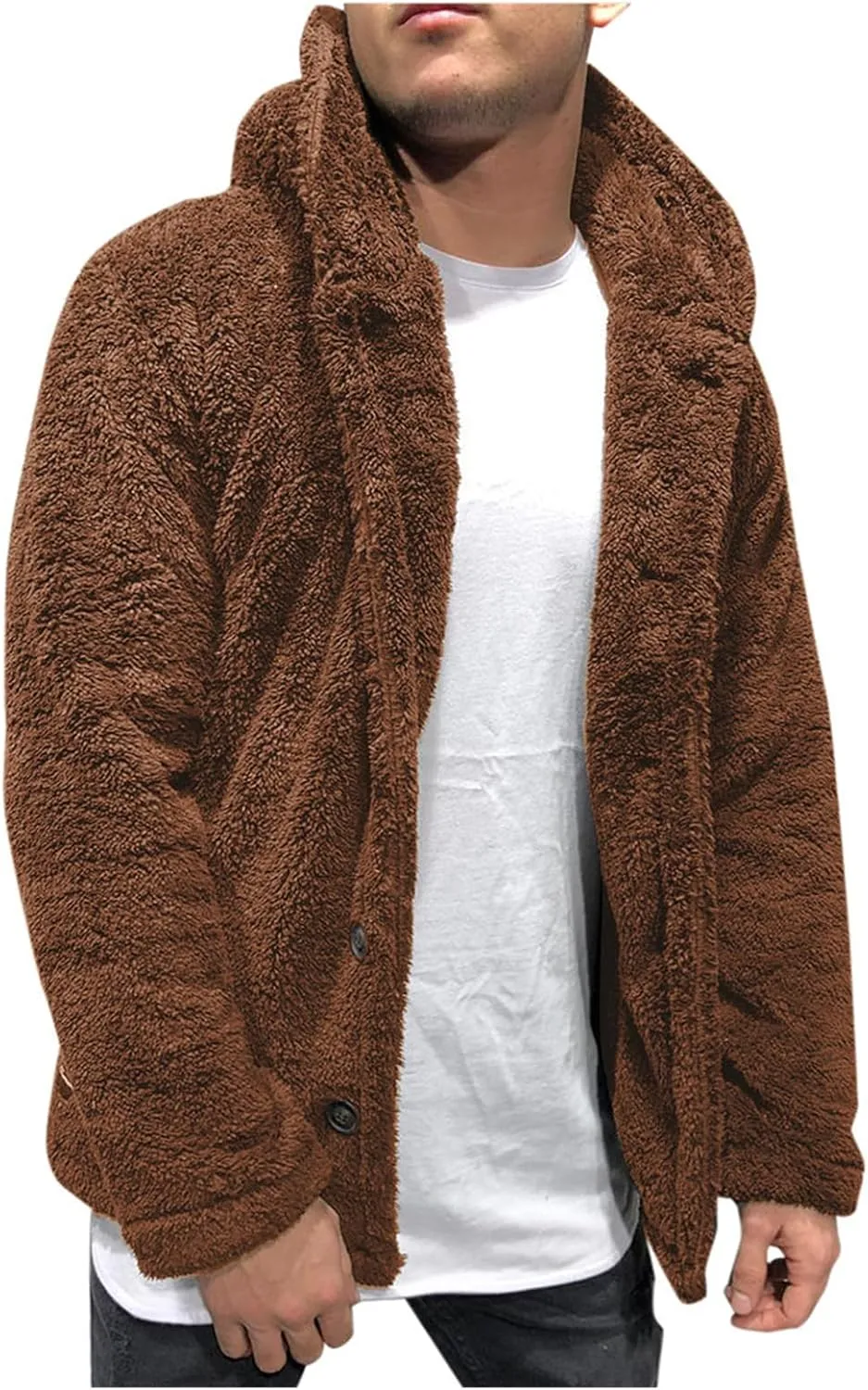 Mens Fuzzy Sherpa Jacket Hoodie Fluffy Fleece Open Front Cardigan Button Down Warm Thick Coats Fall Outwear for Men