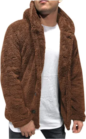 Mens Fuzzy Sherpa Jacket Hoodie Fluffy Fleece Open Front Cardigan Button Down Warm Thick Coats Fall Outwear for Men