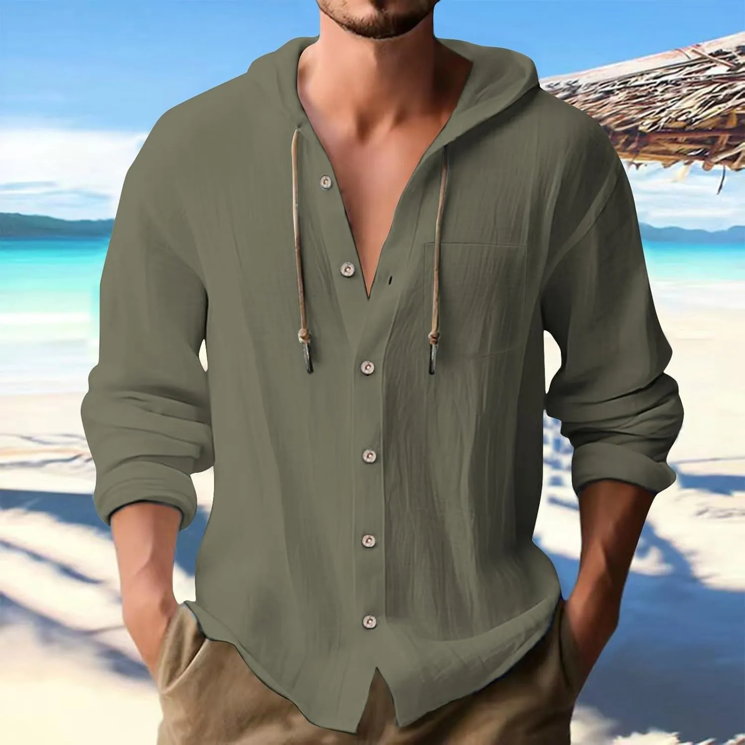 Mens Linen Hoodies Shirt Button Down Roll up Sleeve Yoga Sport T-Shirts Fashion Outdoor Workout Running Exercise Tops