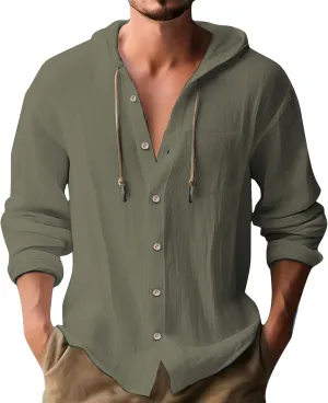 Mens Linen Hoodies Shirt Button Down Roll up Sleeve Yoga Sport T-Shirts Fashion Outdoor Workout Running Exercise Tops