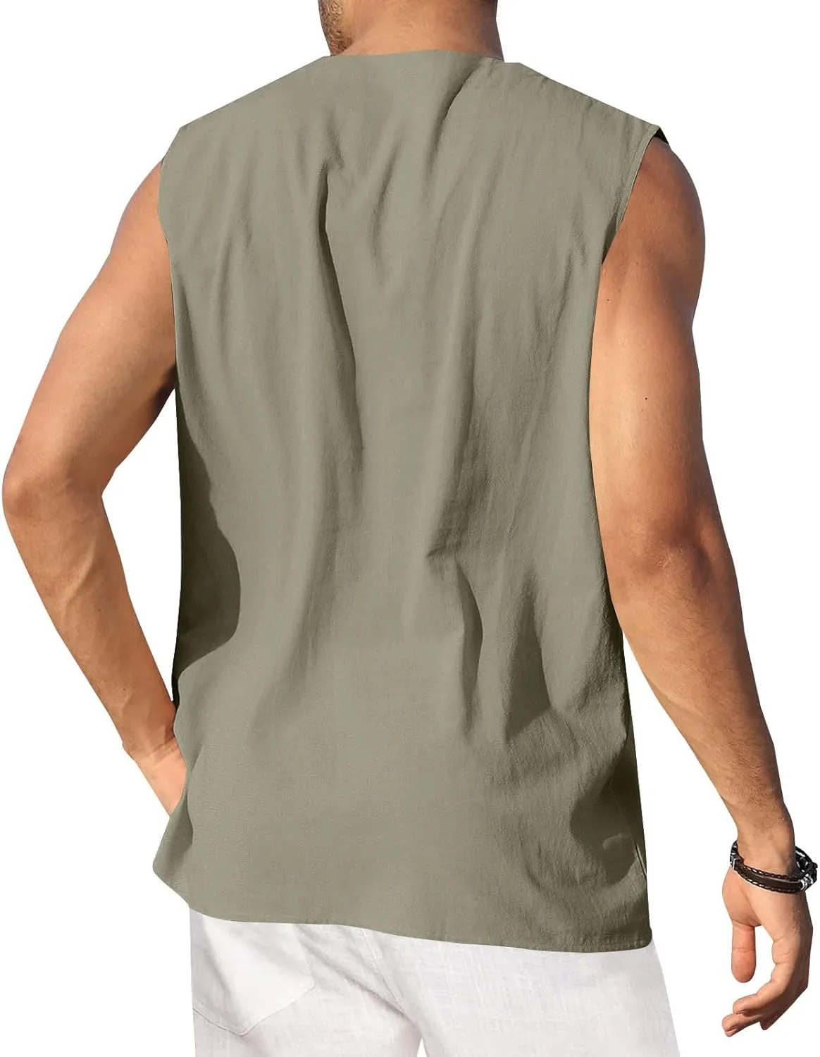 Men's Linen Sleeveless Tank Top Button Beach Vacation Tropical Travel Vest Casual Hippie Summer Going Out Holiday Tee