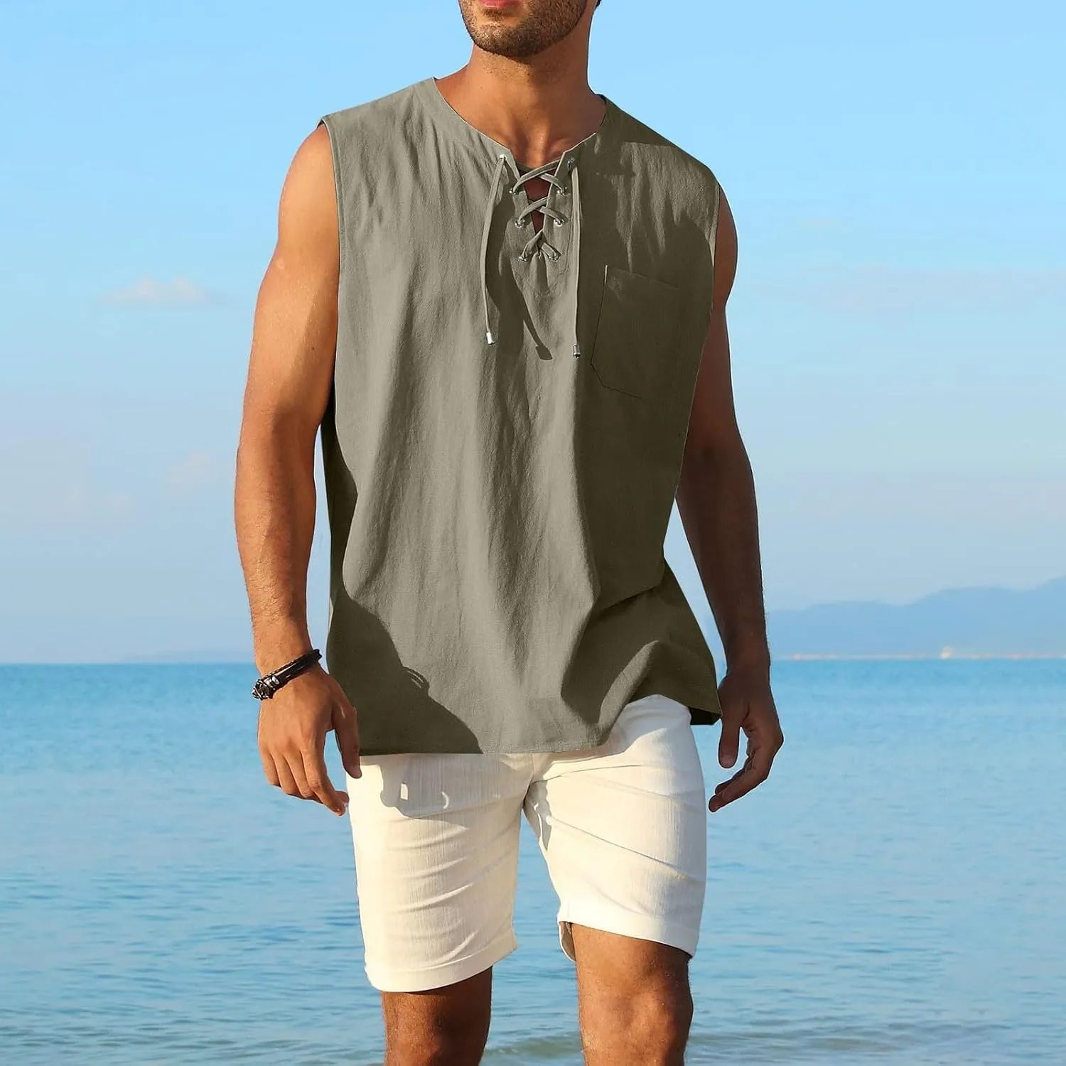 Men's Linen Sleeveless Tank Top Button Beach Vacation Tropical Travel Vest Casual Hippie Summer Going Out Holiday Tee