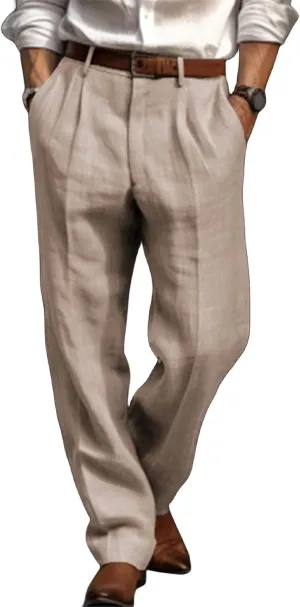 Mens Pleated Front Casual Pants Solid Twill Linen Dress Pant Loose Fit Straight Legs Elastic Waist Trousers for Men