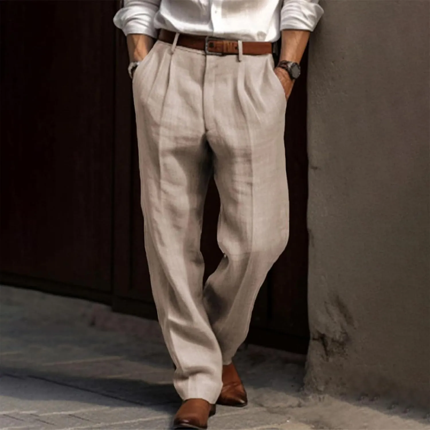 Mens Pleated Front Casual Pants Solid Twill Linen Dress Pant Loose Fit Straight Legs Elastic Waist Trousers for Men