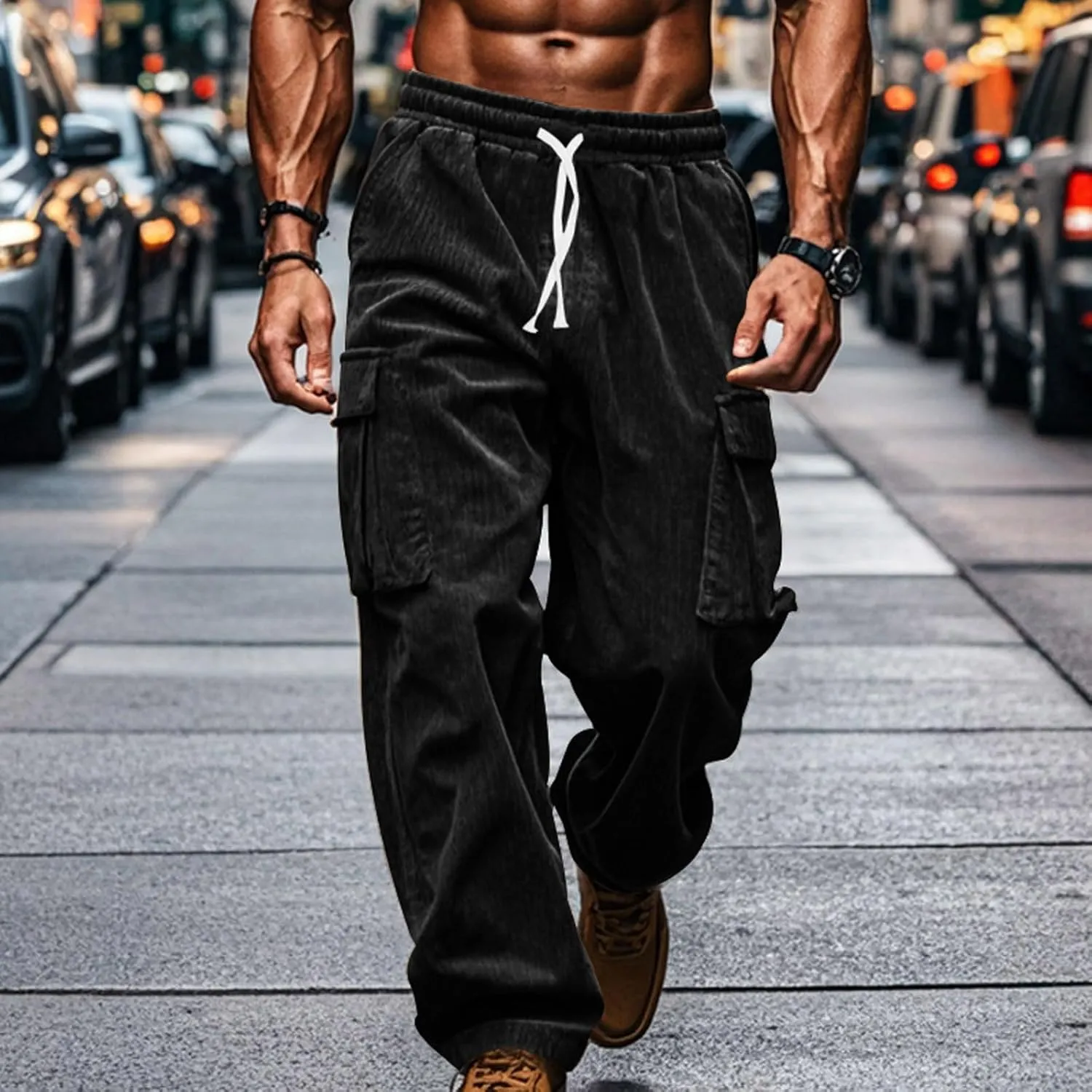 Men's Plus Size Corduroy Pants Drawstring Cargo Sweatpants Trendy Straight Leg Pants Drawstring Trousers Soft Pants