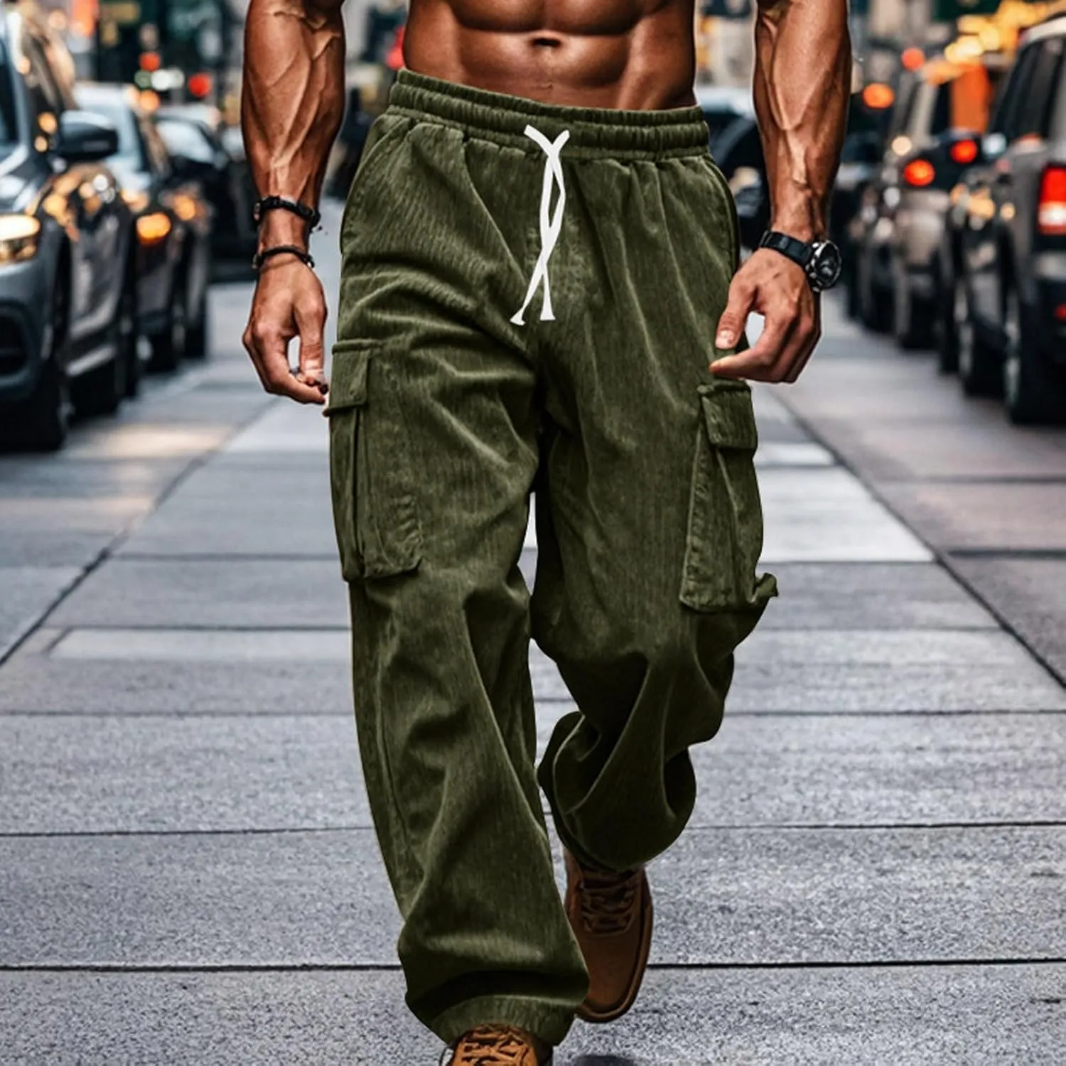 Men's Plus Size Corduroy Pants Drawstring Cargo Sweatpants Trendy Straight Leg Pants Drawstring Trousers Soft Pants