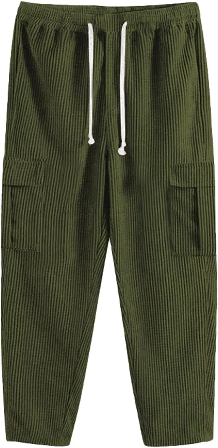Men's Plus Size Corduroy Pants Drawstring Cargo Sweatpants Trendy Straight Leg Pants Drawstring Trousers Soft Pants