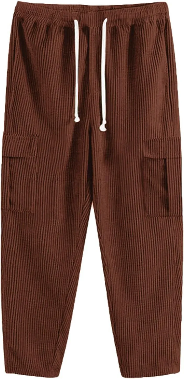 Men's Plus Size Corduroy Pants Drawstring Cargo Sweatpants Trendy Straight Leg Pants Drawstring Trousers Soft Pants