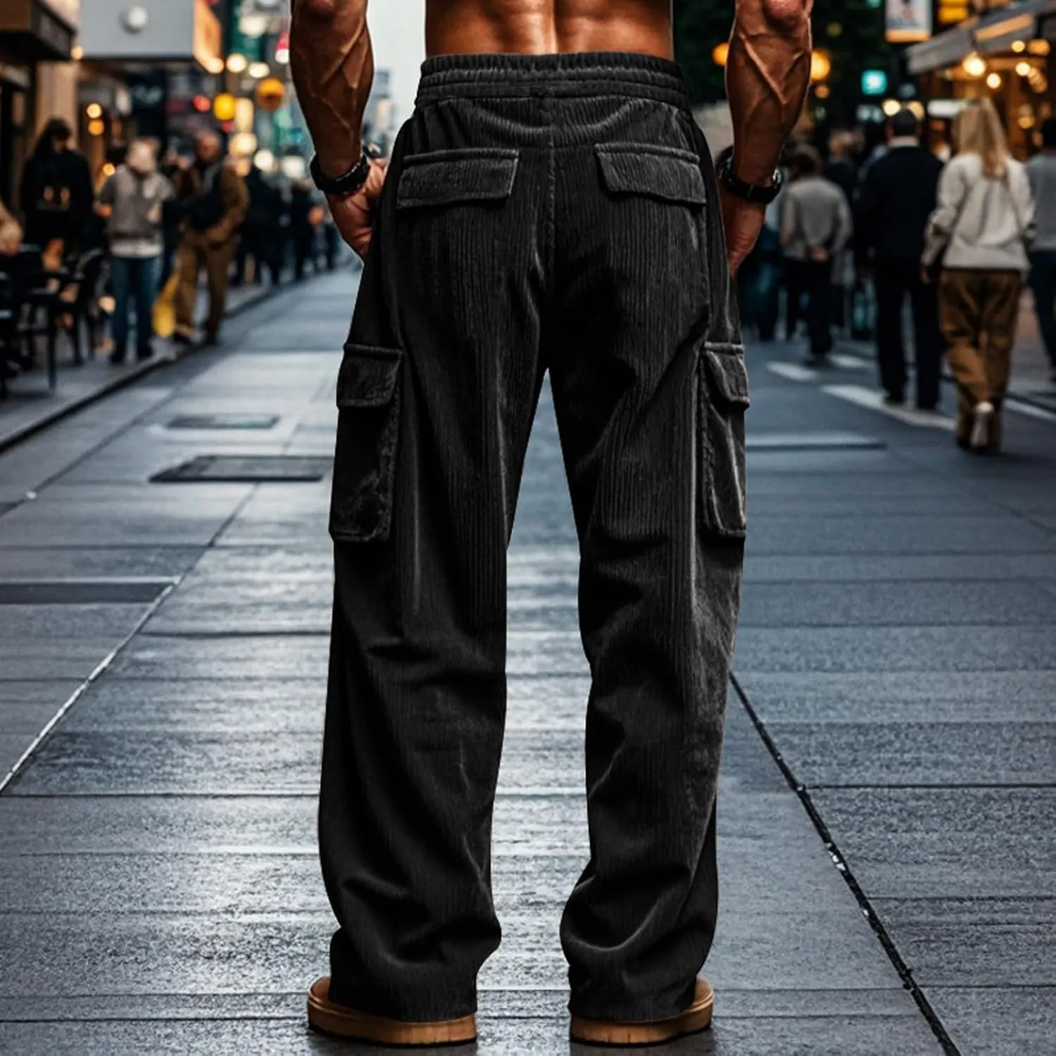 Men's Plus Size Corduroy Pants Drawstring Cargo Sweatpants Trendy Straight Leg Pants Drawstring Trousers Soft Pants