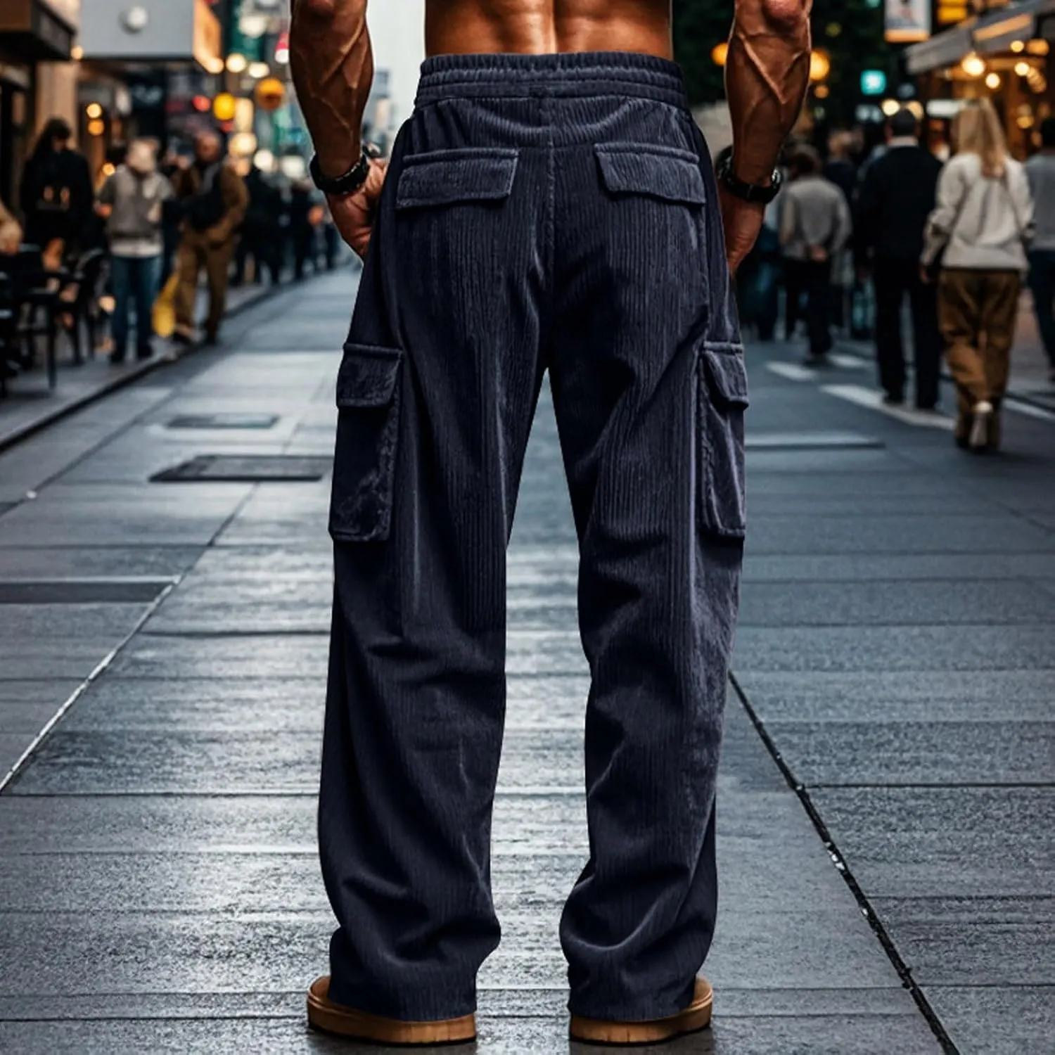 Men's Plus Size Corduroy Pants Drawstring Cargo Sweatpants Trendy Straight Leg Pants Drawstring Trousers Soft Pants
