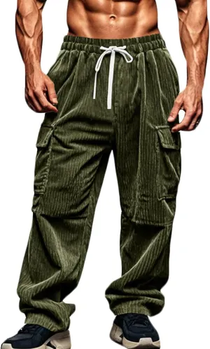 Men's Plus Size Corduroy Pants Drawstring Cargo Sweatpants Trendy Straight Leg Pants Drawstring Trousers Soft Pants