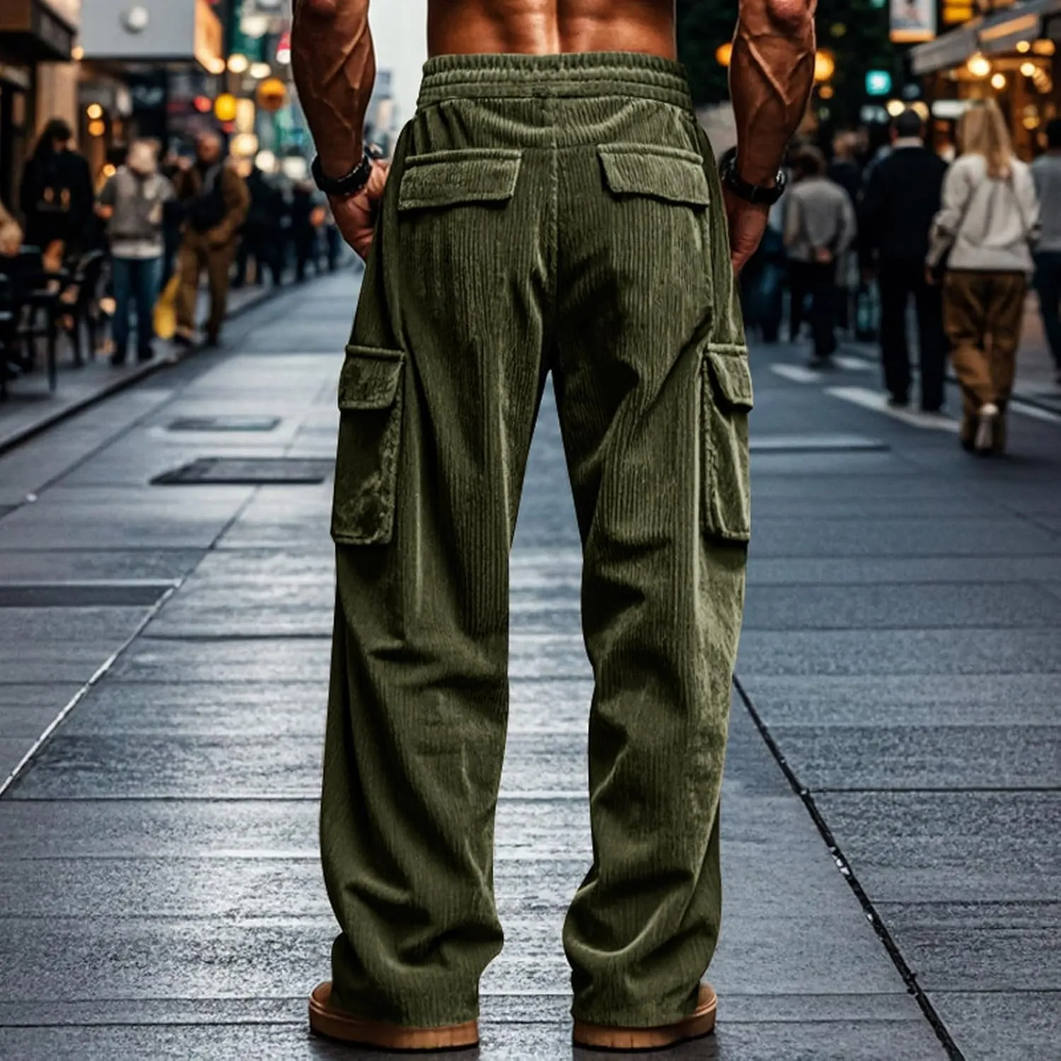 Men's Plus Size Corduroy Pants Drawstring Cargo Sweatpants Trendy Straight Leg Pants Drawstring Trousers Soft Pants