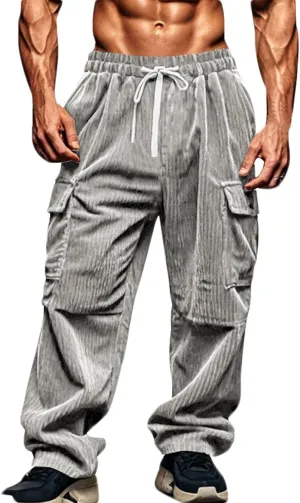 Men's Plus Size Corduroy Pants Drawstring Cargo Sweatpants Trendy Straight Leg Pants Drawstring Trousers Soft Pants