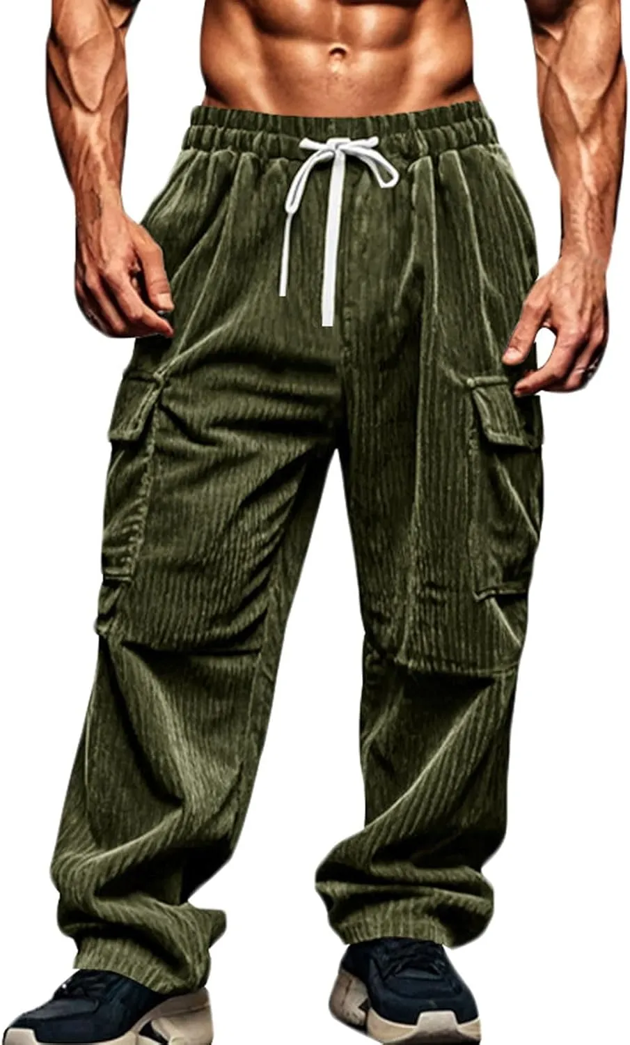 Men's Plus Size Corduroy Pants Drawstring Cargo Sweatpants Trendy Straight Leg Pants Drawstring Trousers Soft Pants