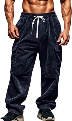 Men's Plus Size Corduroy Pants Drawstring Cargo Sweatpants Trendy Straight Leg Pants Drawstring Trousers Soft Pants