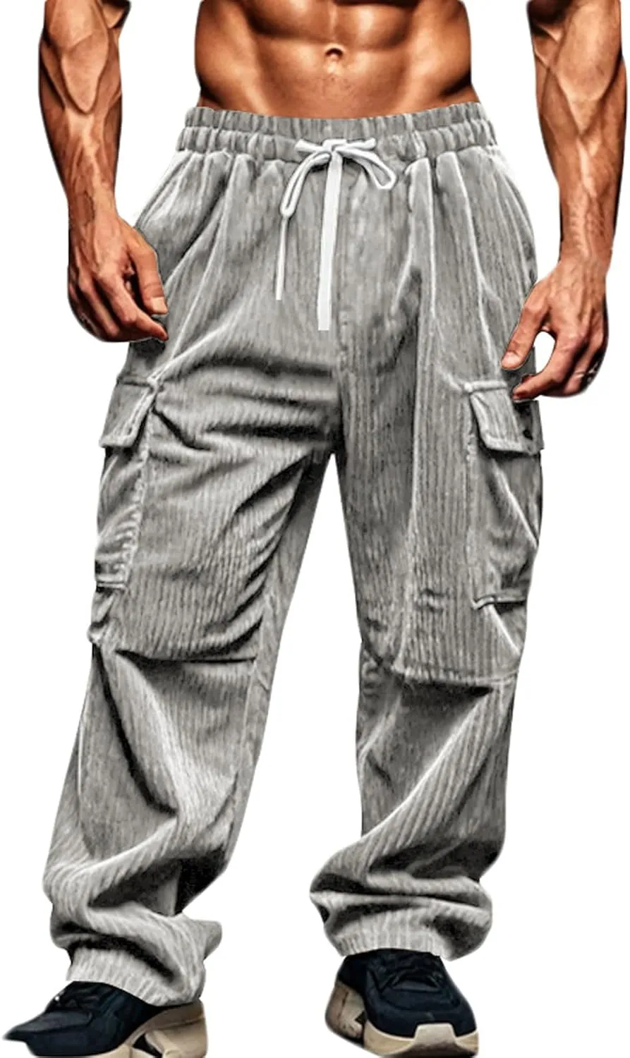 Men's Plus Size Corduroy Pants Drawstring Cargo Sweatpants Trendy Straight Leg Pants Drawstring Trousers Soft Pants