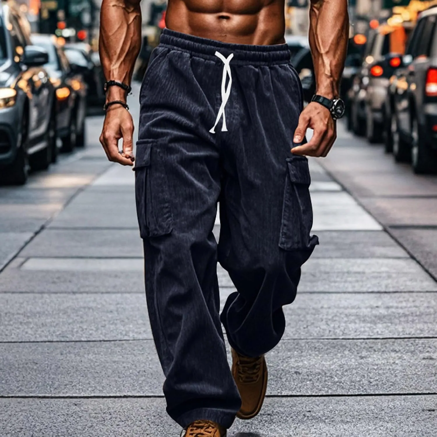 Men's Plus Size Corduroy Pants Drawstring Cargo Sweatpants Trendy Straight Leg Pants Drawstring Trousers Soft Pants