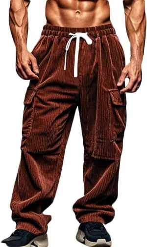 Men's Plus Size Corduroy Pants Drawstring Cargo Sweatpants Trendy Straight Leg Pants Drawstring Trousers Soft Pants