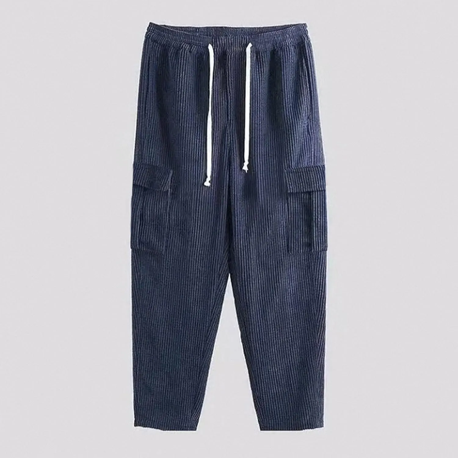 Men's Plus Size Corduroy Pants Drawstring Cargo Sweatpants Trendy Straight Leg Pants Drawstring Trousers Soft Pants