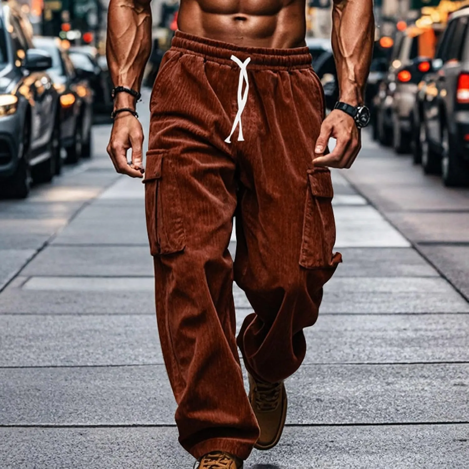 Men's Plus Size Corduroy Pants Drawstring Cargo Sweatpants Trendy Straight Leg Pants Drawstring Trousers Soft Pants