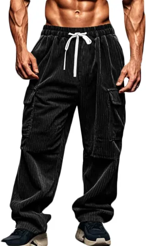 Men's Plus Size Corduroy Pants Drawstring Cargo Sweatpants Trendy Straight Leg Pants Drawstring Trousers Soft Pants