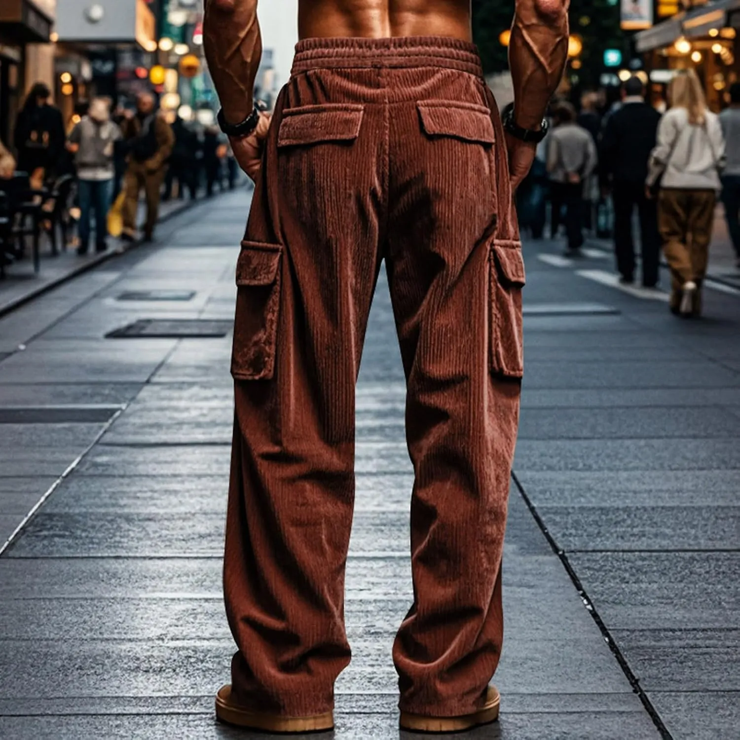 Men's Plus Size Corduroy Pants Drawstring Cargo Sweatpants Trendy Straight Leg Pants Drawstring Trousers Soft Pants