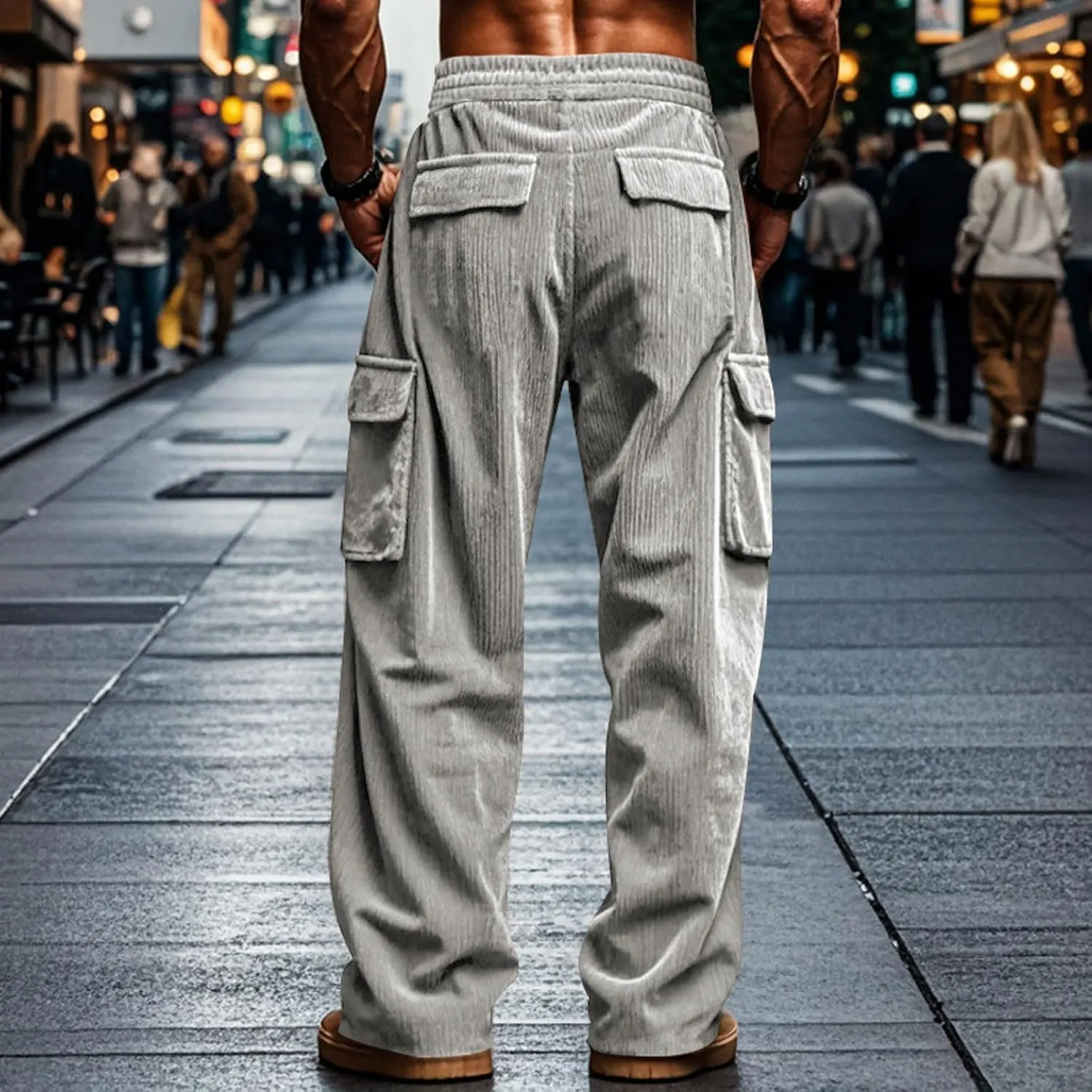 Men's Plus Size Corduroy Pants Drawstring Cargo Sweatpants Trendy Straight Leg Pants Drawstring Trousers Soft Pants