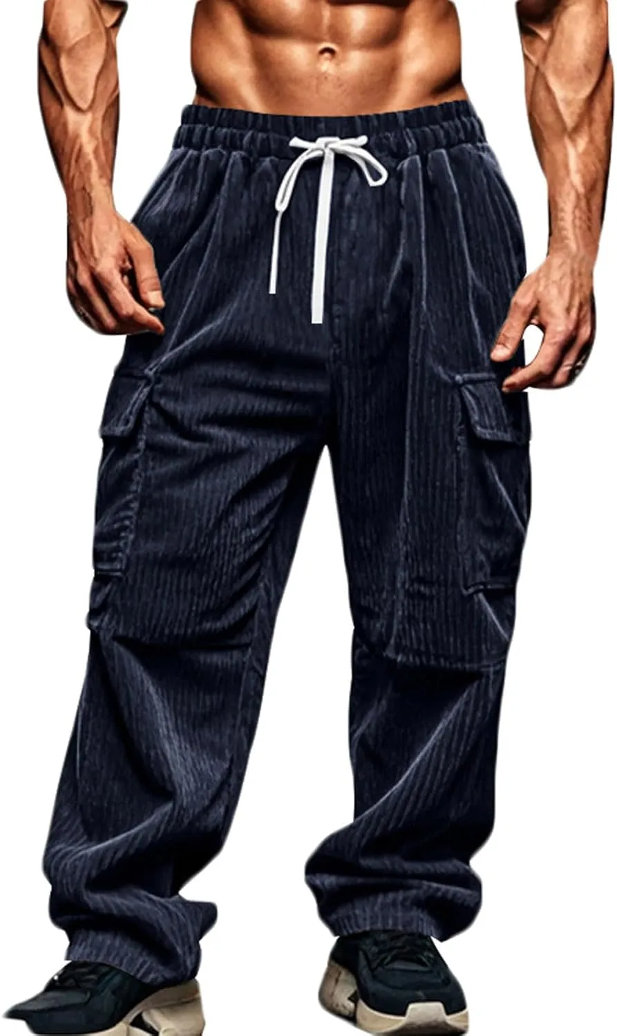 Men's Plus Size Corduroy Pants Drawstring Cargo Sweatpants Trendy Straight Leg Pants Drawstring Trousers Soft Pants