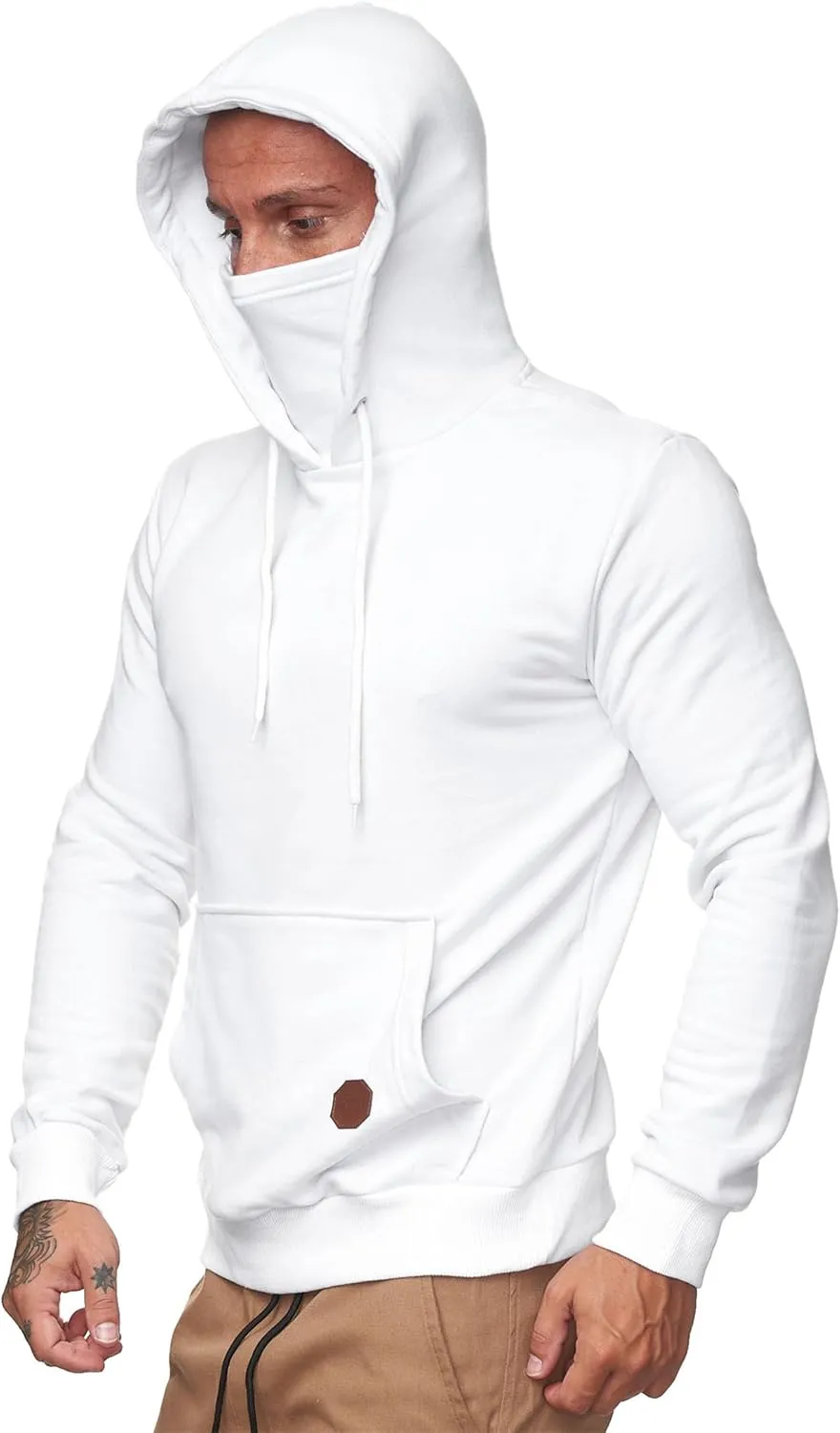 Men's Pullover Hoodies Winter Face Mask Hooded Sweatshirts Drawstring Long Sleeve Casual Warm Fleece Coat with Pockets