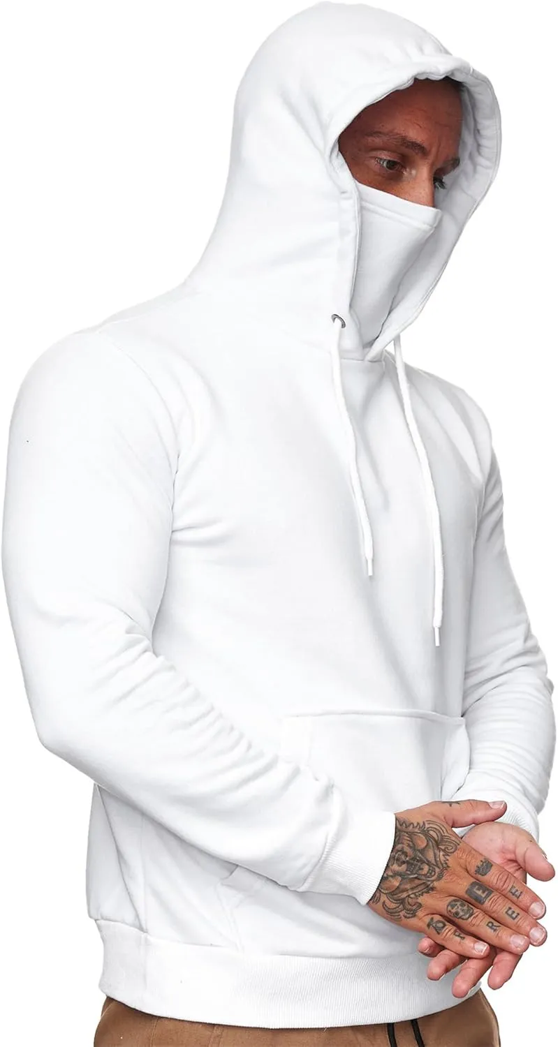Men's Pullover Hoodies Winter Face Mask Hooded Sweatshirts Drawstring Long Sleeve Casual Warm Fleece Coat with Pockets