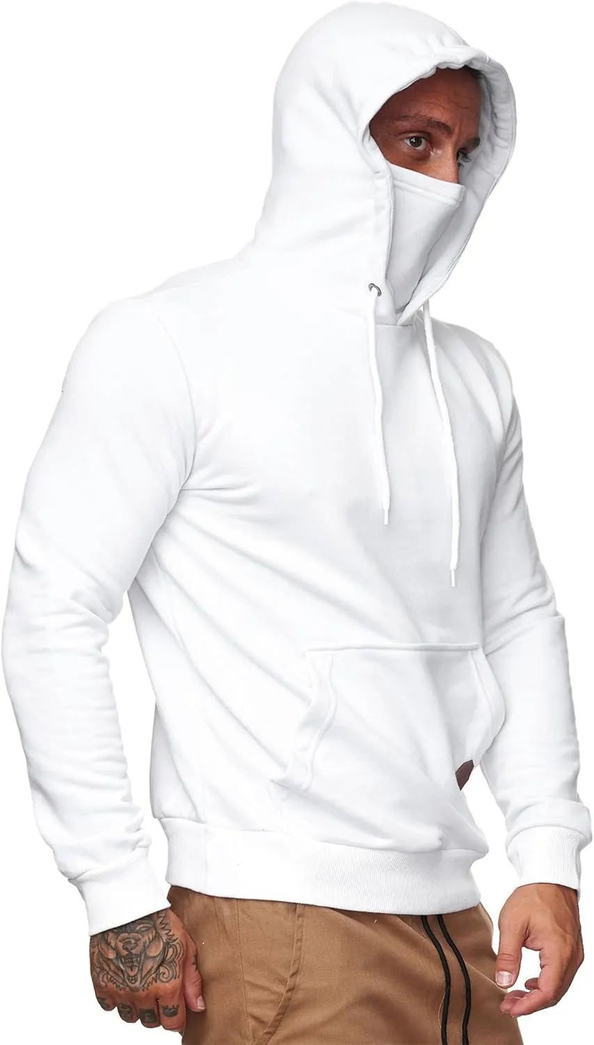 Men's Pullover Hoodies Winter Face Mask Hooded Sweatshirts Drawstring Long Sleeve Casual Warm Fleece Coat with Pockets