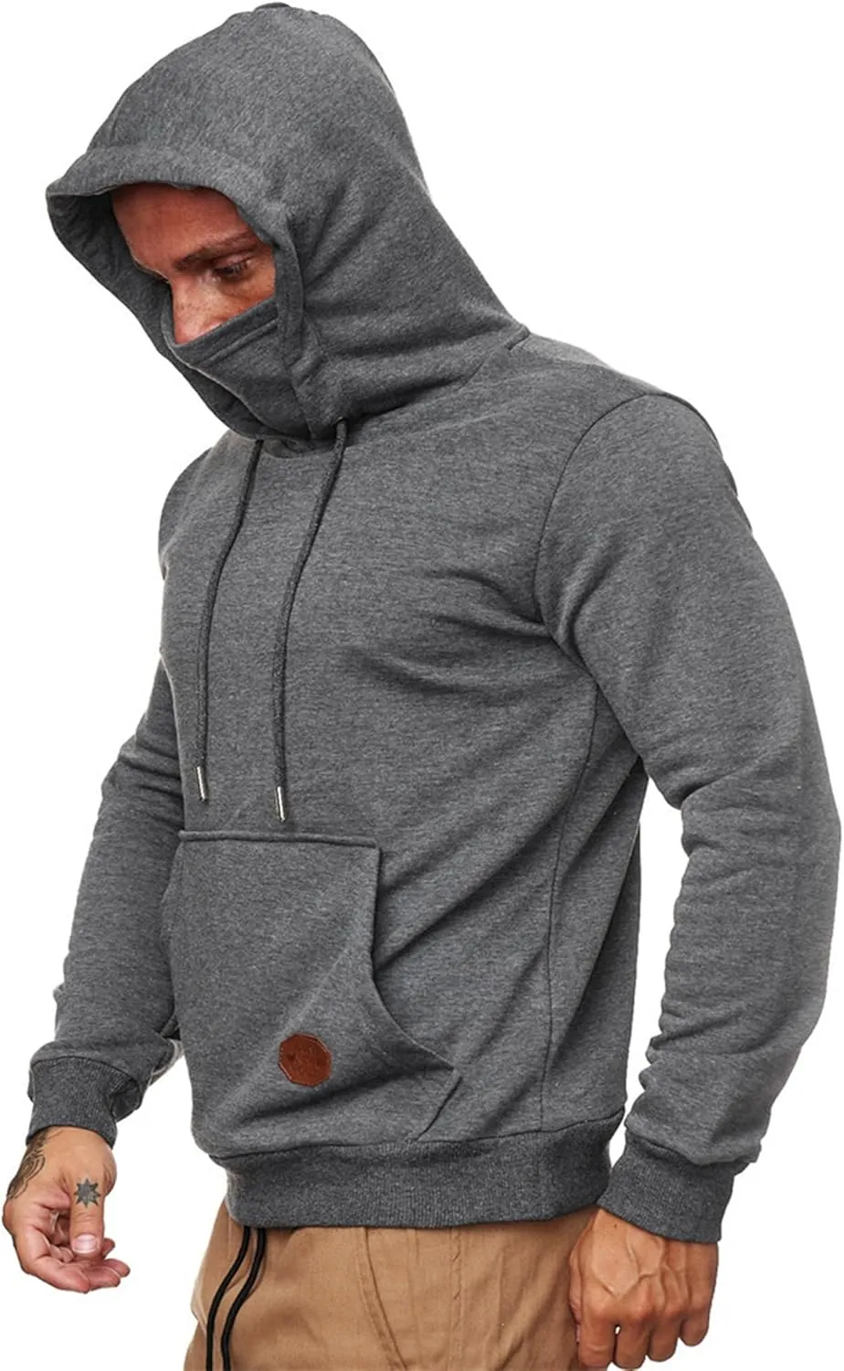 Men's Pullover Hoodies Winter Face Mask Hooded Sweatshirts Drawstring Long Sleeve Casual Warm Fleece Coat with Pockets