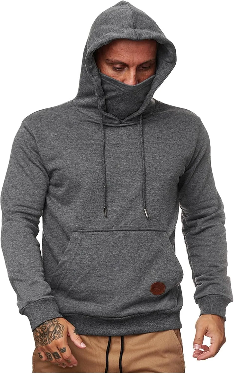 Men's Pullover Hoodies Winter Face Mask Hooded Sweatshirts Drawstring Long Sleeve Casual Warm Fleece Coat with Pockets