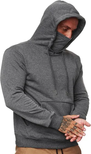 Men's Pullover Hoodies Winter Face Mask Hooded Sweatshirts Drawstring Long Sleeve Casual Warm Fleece Coat with Pockets