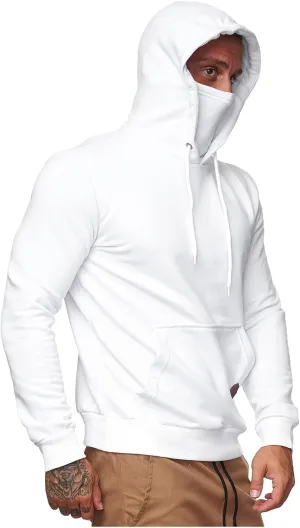 Men's Pullover Hoodies Winter Face Mask Hooded Sweatshirts Drawstring Long Sleeve Casual Warm Fleece Coat with Pockets
