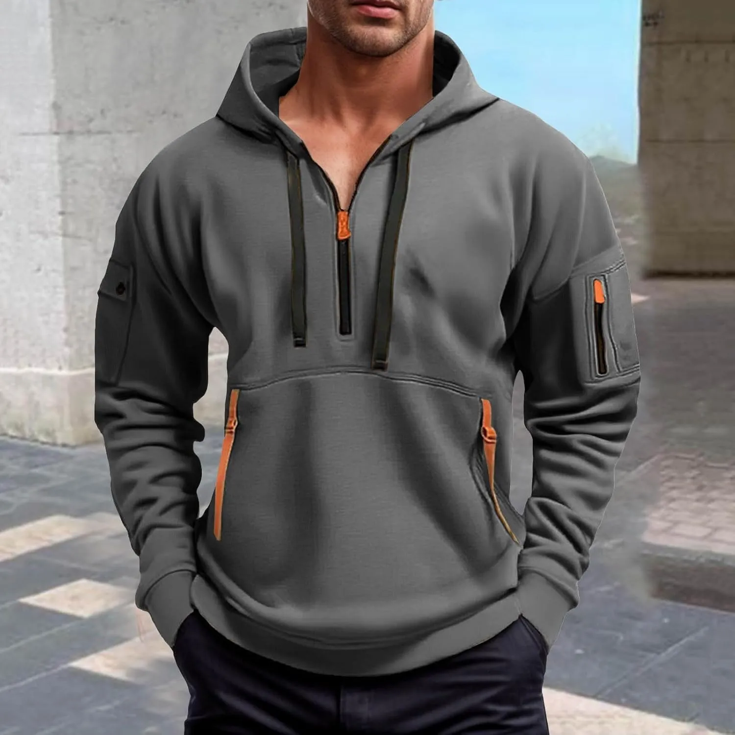 Men's Quarter Zip Pullover Men Long Sleeve Workout Hoodie Vintage Tactical Jacket Winter Sweater Coats