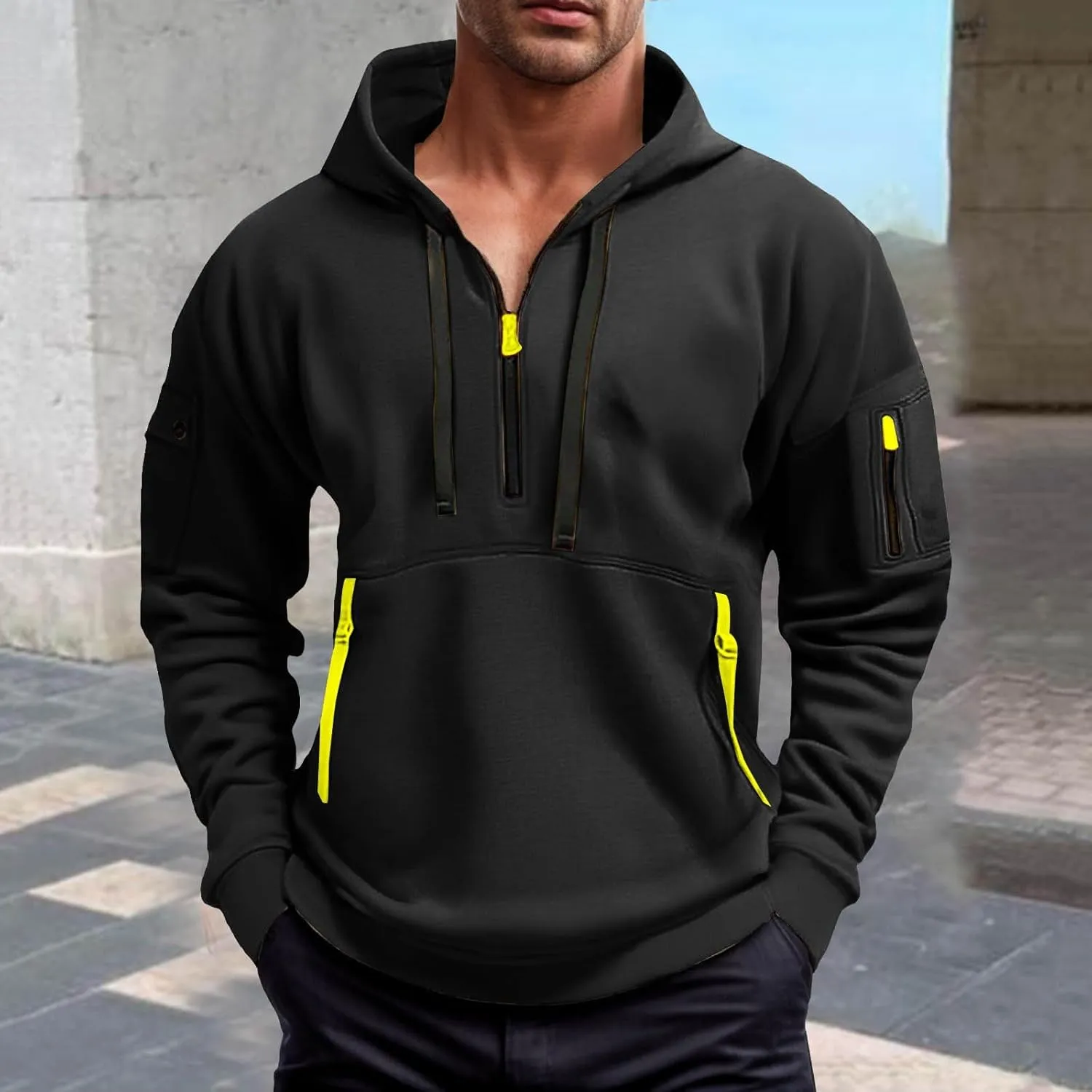 Men's Quarter Zip Pullover Men Long Sleeve Workout Hoodie Vintage Tactical Jacket Winter Sweater Coats