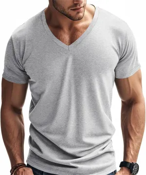 Mens Short Sleeve V Neck Muscle Slim T Shirt V-Neck Stretch Bodybuilding Shirt Soft Comfy Collarless Summer Tops