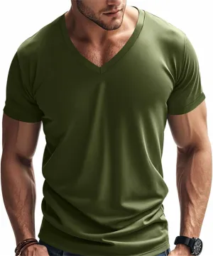 Mens Short Sleeve V Neck Muscle Slim T Shirt V-Neck Stretch Bodybuilding Shirt Soft Comfy Collarless Summer Tops