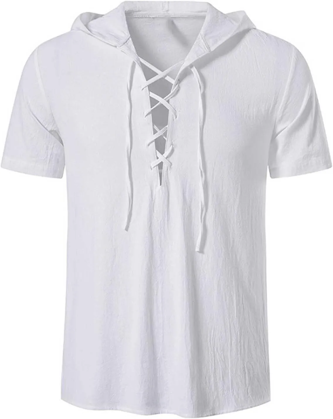 Mens Summer Cotton Linen Hoodie Fashion Drawstring T Shirts Trendy Short Sleeve Linen Tops Vacation Going Out Outfit