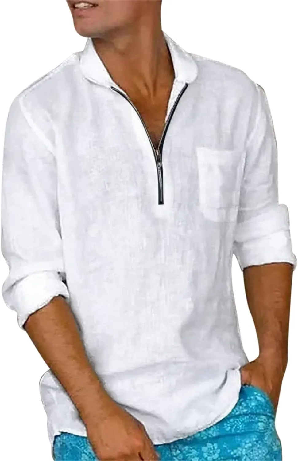 Mens Summer Linen Cotton Shirts Long Sleeve Quarter-Zip Casual Hawaiian Beach Yoga T Shirts Loose Fit Golf Polos T-Shirts