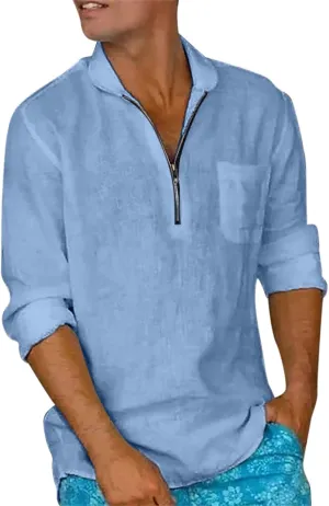 Mens Summer Linen Cotton Shirts Long Sleeve Quarter-Zip Casual Hawaiian Beach Yoga T Shirts Loose Fit Golf Polos T-Shirts