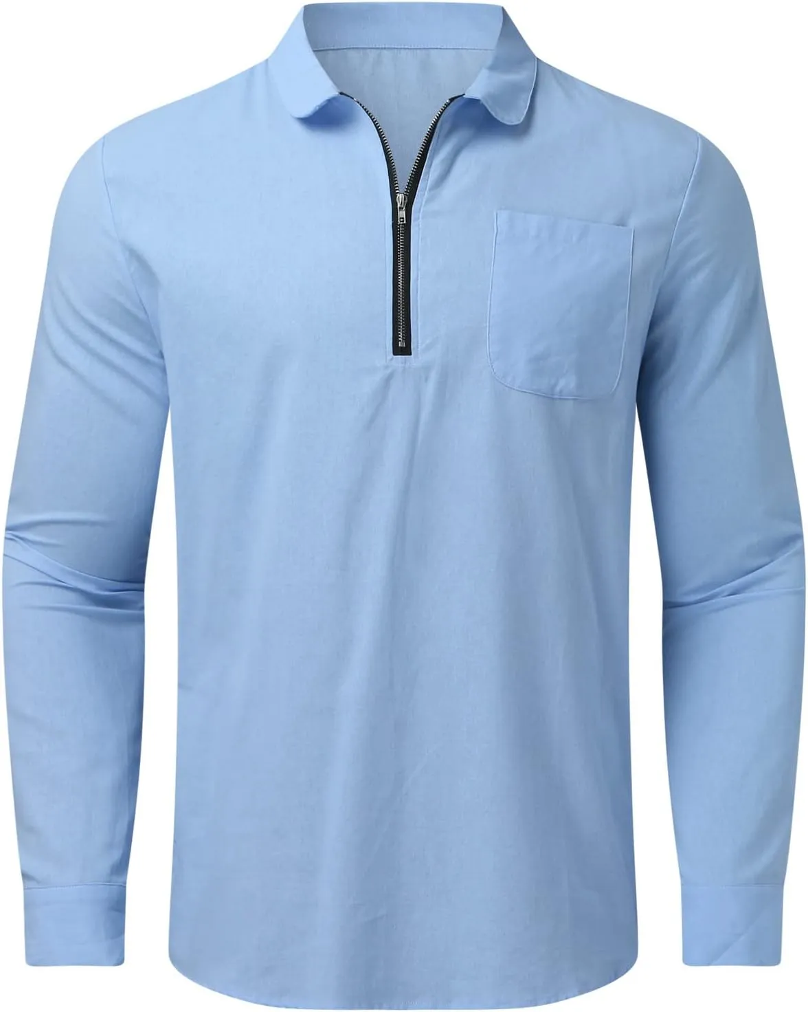 Mens Summer Linen Cotton Shirts Long Sleeve Quarter-Zip Casual Hawaiian Beach Yoga T Shirts Loose Fit Golf Polos T-Shirts