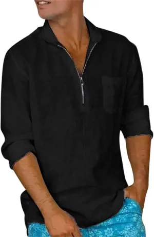 Mens Summer Linen Cotton Shirts Long Sleeve Quarter-Zip Casual Hawaiian Beach Yoga T Shirts Loose Fit Golf Polos T-Shirts